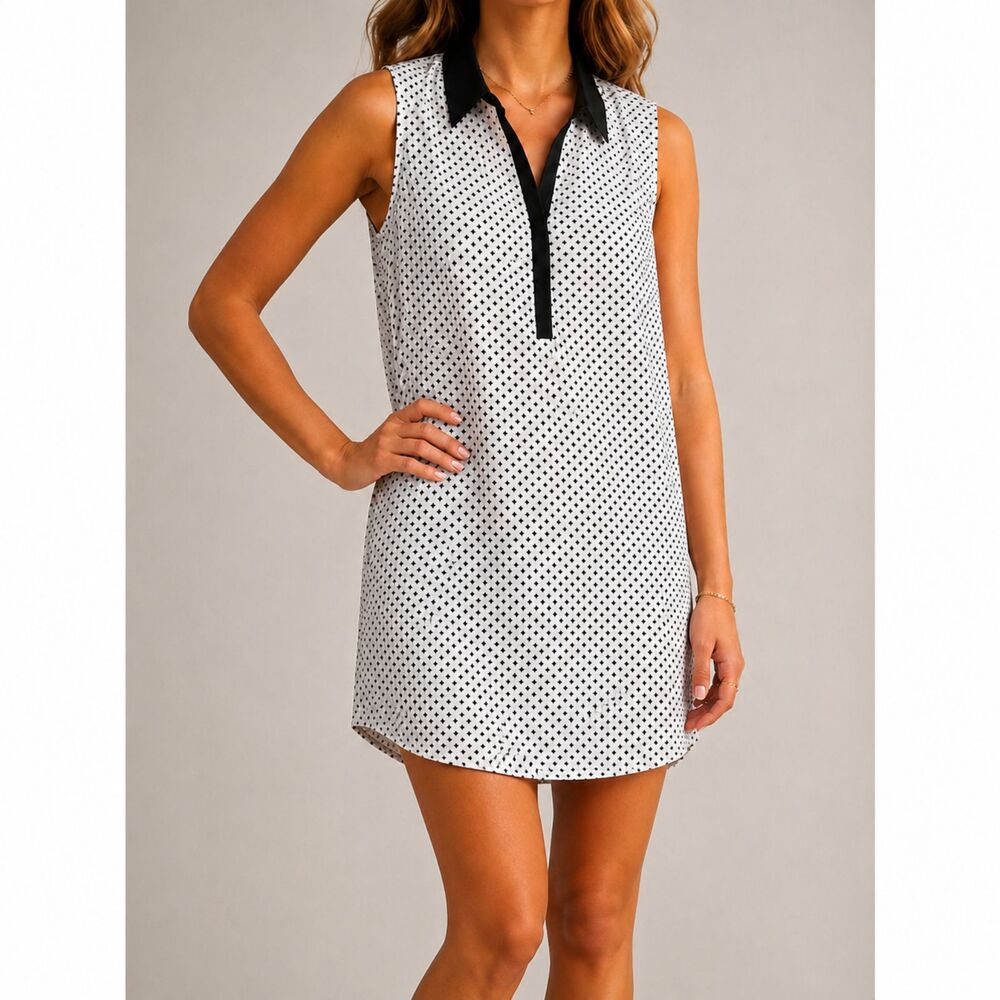 H&M Sleeveless Shirt Dress Size 8 Black White Geometric Print Collar Office Core